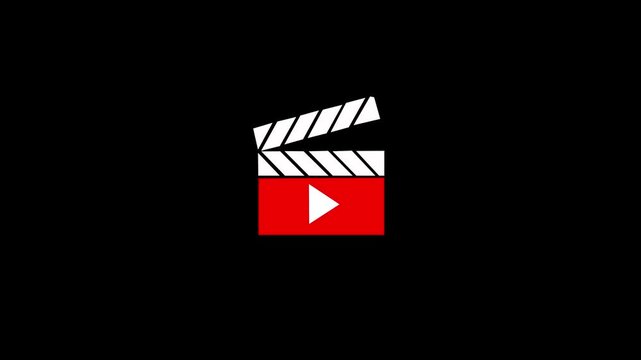Minimal black clapperboard animation with play button on Modern film production symbol representing video