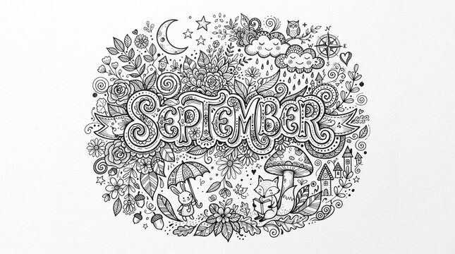 September Typography Doodle Art Illustration on White Background