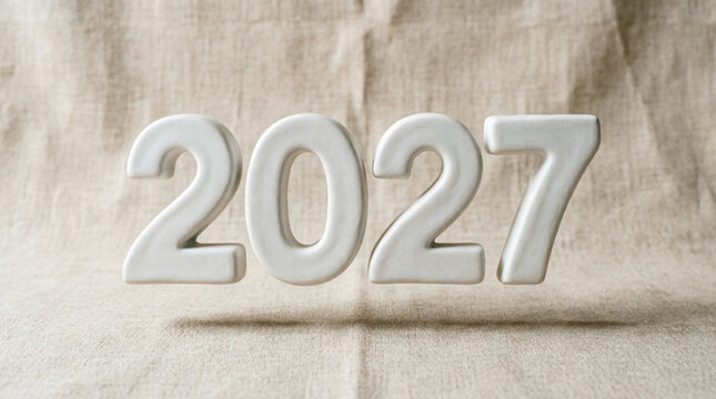 White volumetric numbers year two thousand twenty seven on sackcloth fabric background