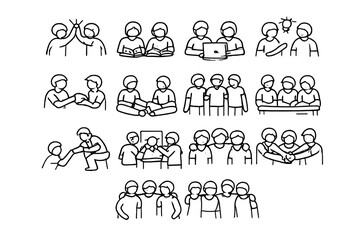 Fototapeta premium Student Teamwork Icons. Student friendship and teamwork. Line outline icon set of Student friendship and