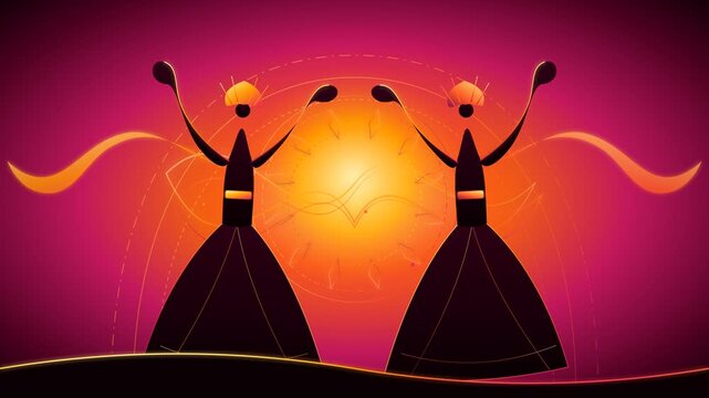 Tribal silhouettes dancing in a sunset pattern
