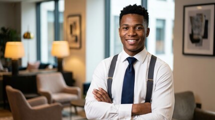Fototapeta premium Confident young African American businessman smiling with arms crossed wearing a white shirt tie and suspenders inside a modern office interior