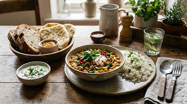Healthy indian chickpea curry with basmati rice, raita, and naan bread on wooden table.