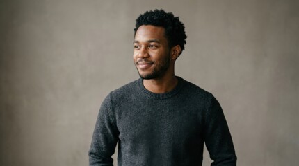 Obraz premium Confident Young African American Man Smiling Thoughtfully in Studio Setting Wearing Casual Dark Gray Sweater with Neutral Background for Commercial