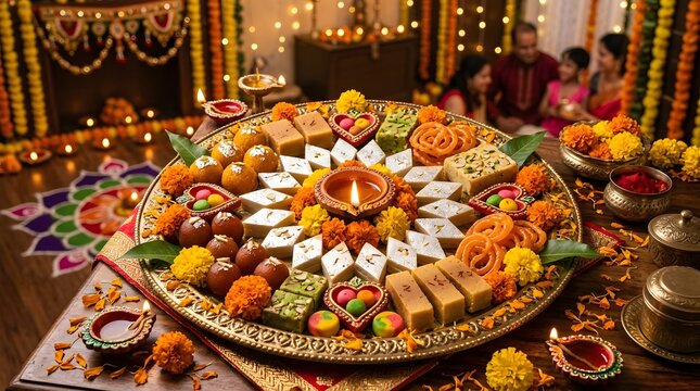 Traditional indian sweets assortment beautifully arranged on golden tray for diwali celebration.