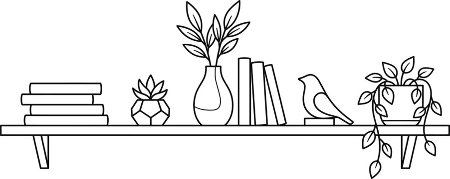 Coloring page minimalist line art shelf with books, potted plants, and a decorative bird figurine