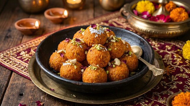 Delicious carrot halwa ladoo round shaped dessert garnished with nuts and mint.