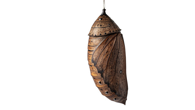 Brown insect chrysalis butterfly cocoon isolated on black background for biological scientific education