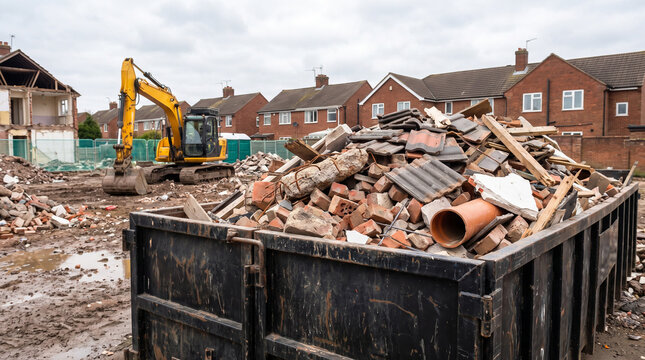 Yellow excavator works beside a skip full of demolition debris at a residential construction site
