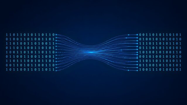 Binary code data transfer visualization with glowing blue fiber optic light trails representing internet connectivity and information exchange