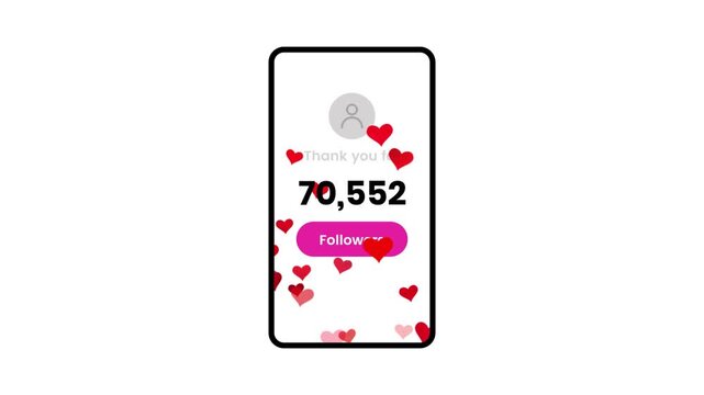 Smartphone follower counter with floating hearts icon animation isolated on white background