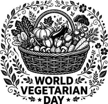 World Vegetarian Day harvest basket full of fresh organic vegetables circular floral border black silhouette line art vector isolated on white background