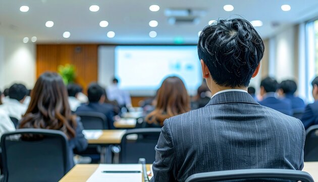 セミナー会場で研修を受ける日本人ビジネスパーソンの後ろ姿