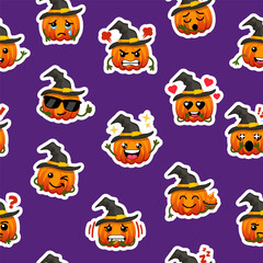 Obraz premium Cute Halloween Pumpkin Gnome Seamless Pattern on Purple Background