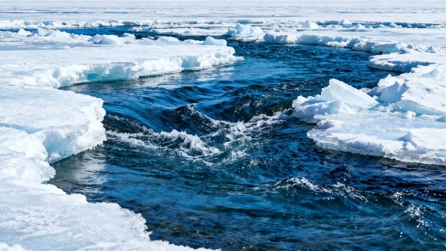 Floating ice chunks in a turbulent blue sea, showing melting polar ice and open water channels