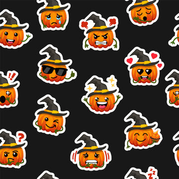 Halloween Pumpkin Gnome Seamless Pattern with Witch Hats