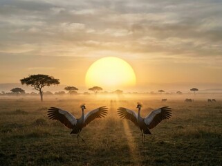 Fototapeta premium Pair of crowned cranes displaying feathers on savannah plain under golden rising sun