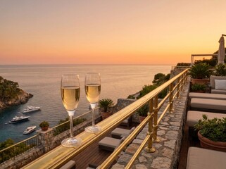 Naklejka premium Two crystal champagne flutes on luxury balcony terrace overlooking coastal sunset
