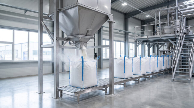 Industrial bulk bag filling station with large white FIBC bags lined up on a factory floor