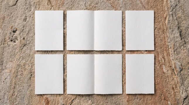 Blank matte paper sheets on rough sandstone. Minimalist earthy zine background.