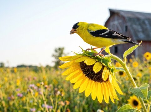 Bright yellow American goldfinch perching on yellow blooming sunflower in meadow