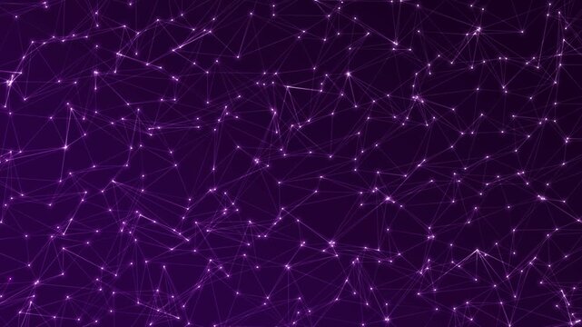 Abstract plexus network motion with connecting dots and lines on dark purple background.