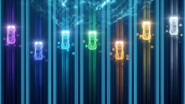 7台の光子レースカーがサイバーコースを垂直上昇する競争の抽象CG背景