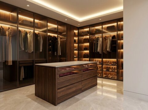 Luxury modern walk-in closet dressing room with illuminated wooden wardrobe shelving
