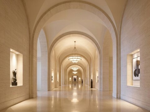 Symmetrical arched corridor hallway of luxury minimalist modern hotel with gallery displays