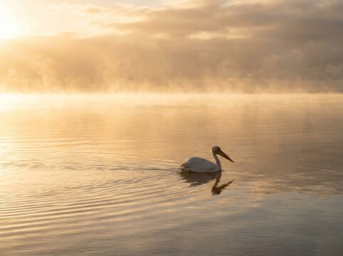 Solitary pelican floating peacefully on calm misty lake at golden sunrise