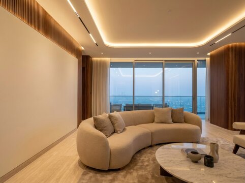Luxury penthouse living room with curved sofa and panoramic evening ocean view