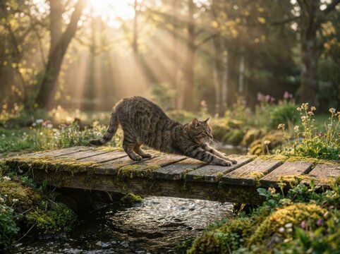 Tabby cat stretching claws on rustic wooden bridge with sunbeams streaming through trees