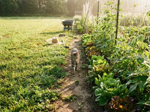 Curious tabby cat strolling down grassy garden path in warm morning sunlight