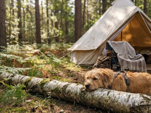 Tired golden retriever trail dog resting on fallen log outside canvas camping tent