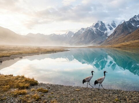 Two black-necked cranes walking by pristine alpine lake shore with snow-capped mountains