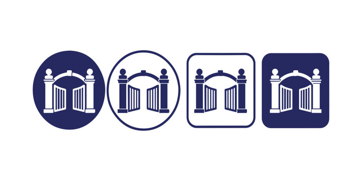 Decorative gate icon set featuring four distinct variations presented in simple blue and white vector shapes