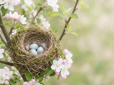 Natural twig bird nest with speckled blue eggs nestled in blooming pink apple blossom tree
