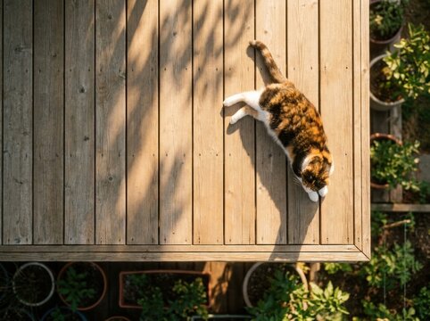Calico cat sleeping in sunbeam on rustic weathered wooden porch deck