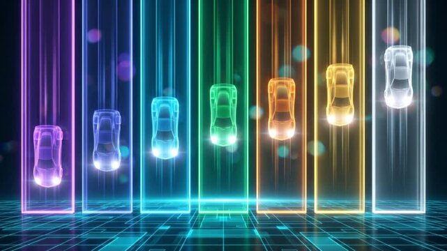 7台の光子レースカーがサイバーコースを垂直下降する競争の抽象CG背景