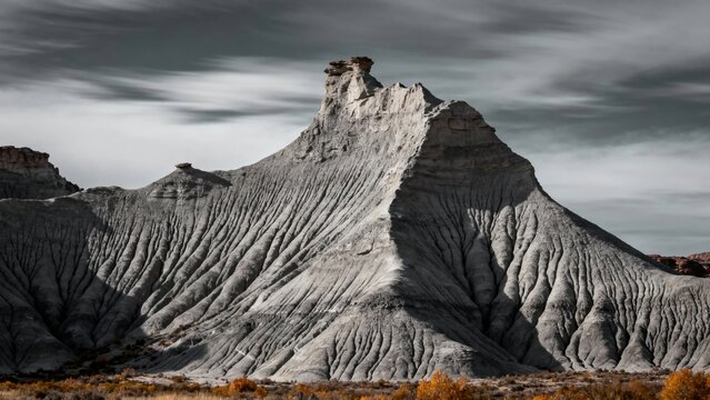 Eroded rock formation with layered sedimentary patterns under a cloudy sky