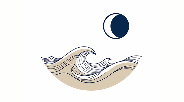 Minimalist vector illustration of ocean waves and a crescent moon in a circular composition.