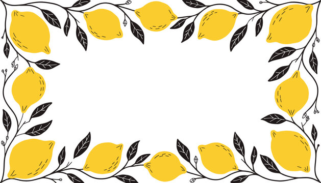 Lemon frame border with leaves, yellow citrus illustration