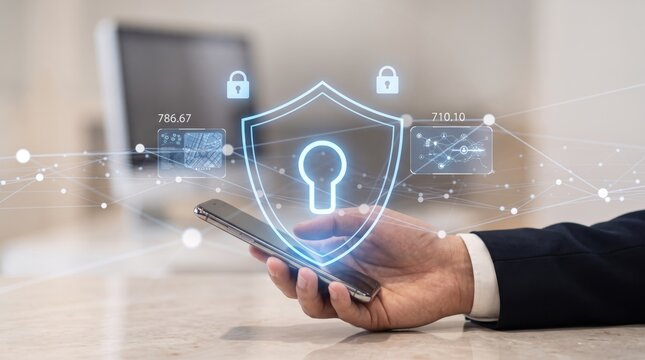 Hand holding smartphone with holographic security shield and lock icon, cybersecurity, data protection, privacy, network safety, mobile security, technology, encryption concept