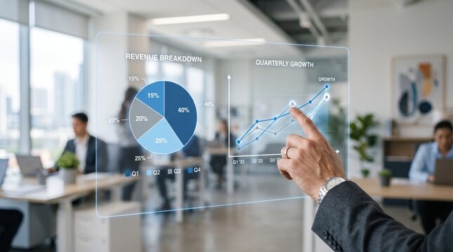 Businessman interacting with futuristic holographic interface showing revenue breakdown pie chart and quarterly growth line graph, advanced data visualization technology in modern