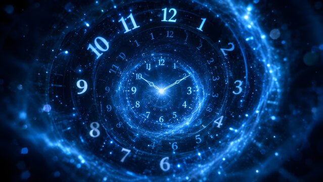 Abstract representation of time in a cosmic vortex, with a clock face subtly integrated into the swirling blue energy, symbolizing the vastness and mystery of time's passage through the universe