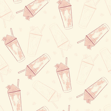Cute soft pink seamless pattern featuring hand-drawn line art of strawberry milkshakes with whipped cream, iced frappes, and straws.