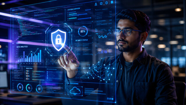 IT Professional Analyzing Data Interface Overlay Screen for Cybersecurity and AI Concept