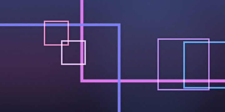 Interlocking luminous line squares create a sleek abstract composition in violet, blue, and pink, offering a futuristic technology backdrop with generous room for promotional text.