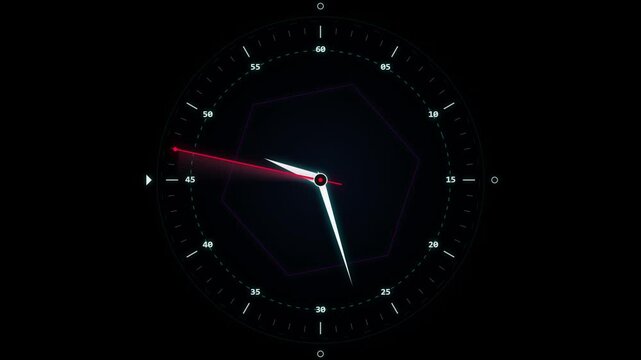 Futuristic digital clock interface with rotating radar scan and minimalist hexagon hud