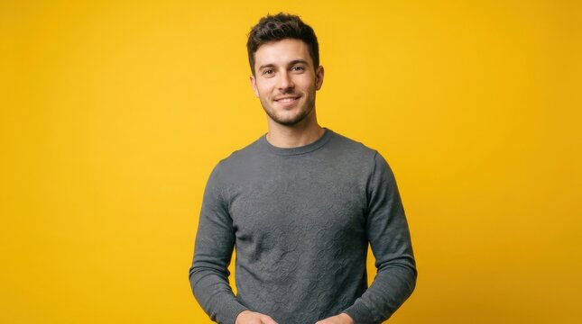 Confident young man wearing grey sweater smiling warmly against bright vibrant solid yellow background studio portrait professional headshot